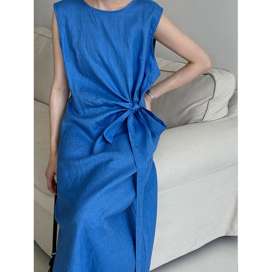 100% ramie french chic twist knot tie waist tank dress - new summer slimming dress