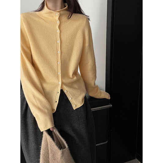 100 wool rolled hem single breasted knitting shirt women's winter half turtleneck sweatercardigan bottomtops