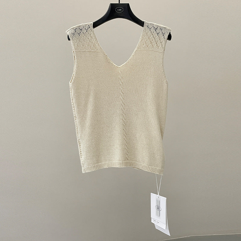 Loose cotton and linen vest, V-neck cut-out versatile sleeveless knitted top for summer wear