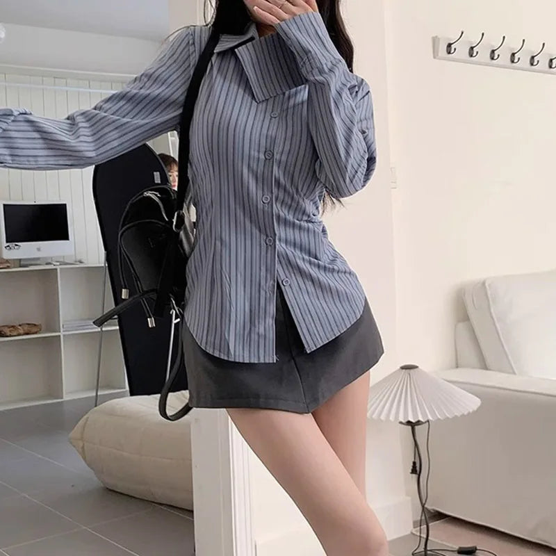 Women's Korean Striped Shirt Jacket - Slim Fit Waist Cinching Long Sleeve