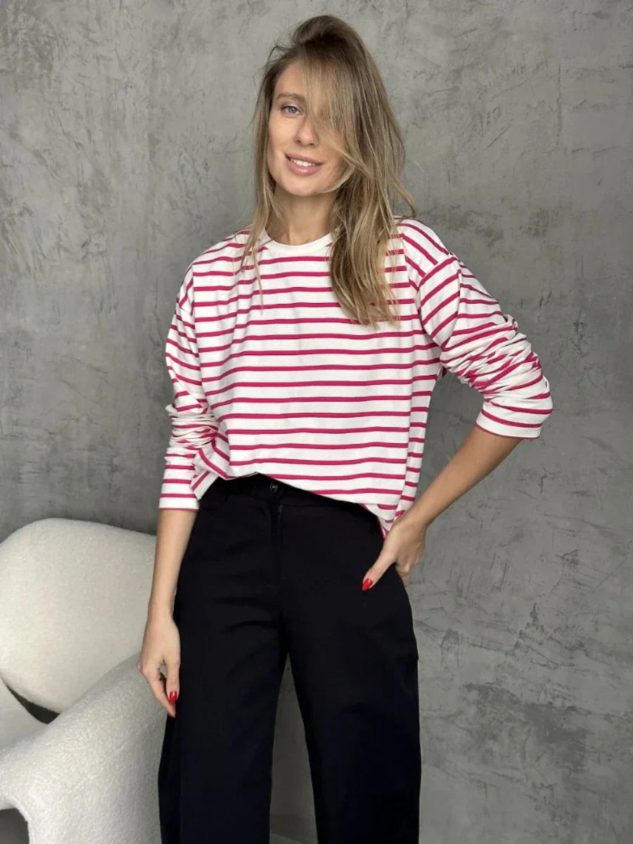 Long Sleeve O-Neck Striped Loose Fit Tee Harajuku