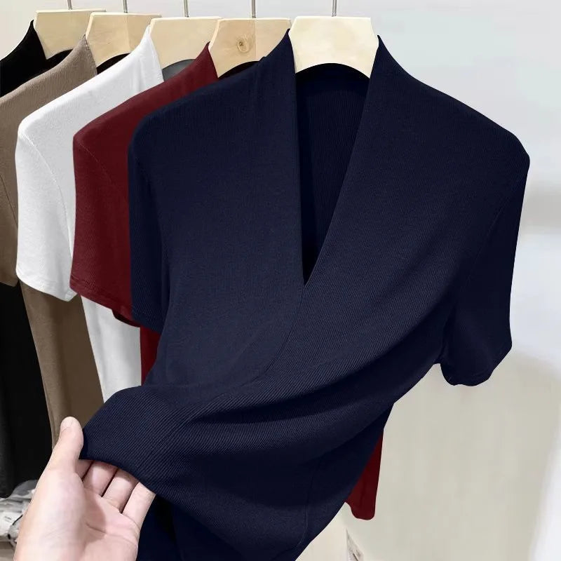 Women's V-Neck T-Shirt - Korean Slim Fit Short Sleeve Top