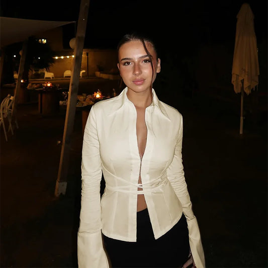 Women's Vintage Blouse - Lapel Collar Long Sleeve Top with Lace-Up Waist