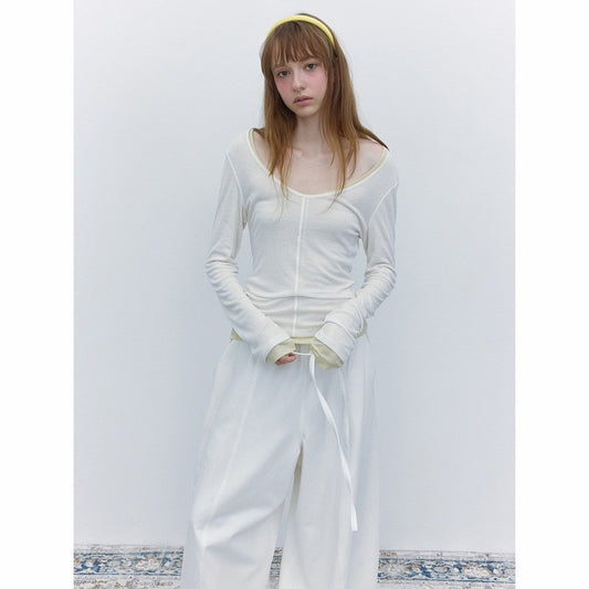 Autumn new casual simple solid color Tencel wool large V-neck easy long-sleeved bottoming shirt