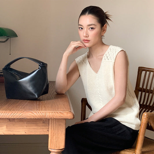 Loose cotton and linen vest, V-neck cut-out versatile sleeveless knitted top for summer wear