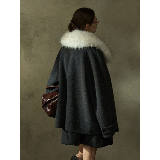 Autumn and winter commuting design sense wool big fur collar double-sided tweed jacket