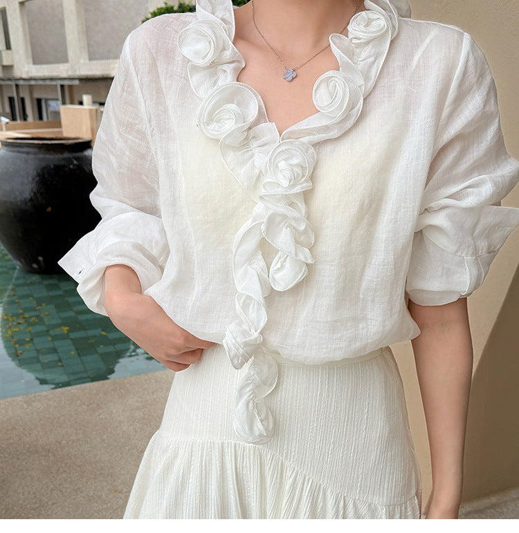 Ramie handmade disc V-neck spring and summer vacation temperament shirt