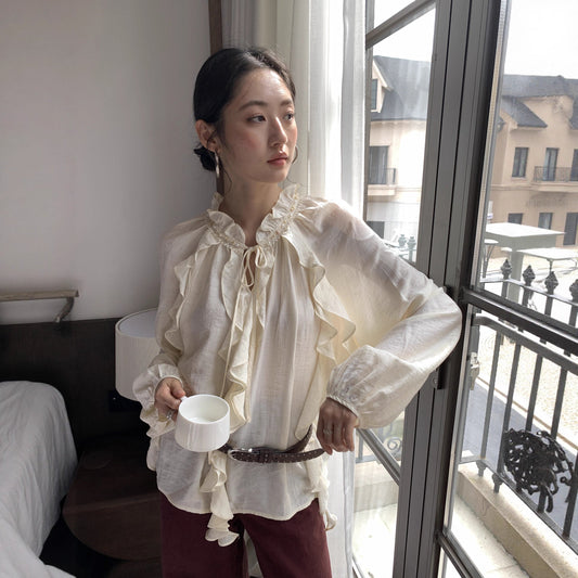 Autumn Chic French Splicing Design Lace-up Long Sleeve Ruffle Shirt