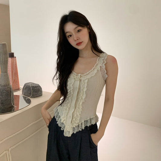 Xia Sweet and Spicy Elastic Slim Fit Lace Fungus Edge Suspender Sleeveless Vest