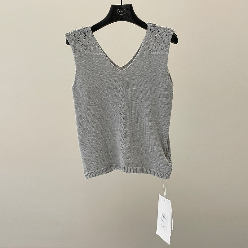 Loose cotton and linen vest, V-neck cut-out versatile sleeveless knitted top for summer wear