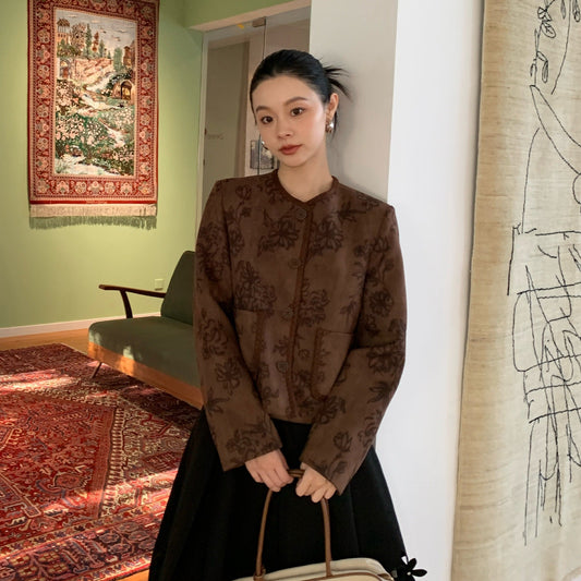 Printed Patch Bag Crew Neck Short Jacket