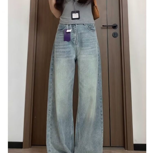 Wide Leg Jeans with Raw Hem Mid-Waist Straight Leg Denim Pants