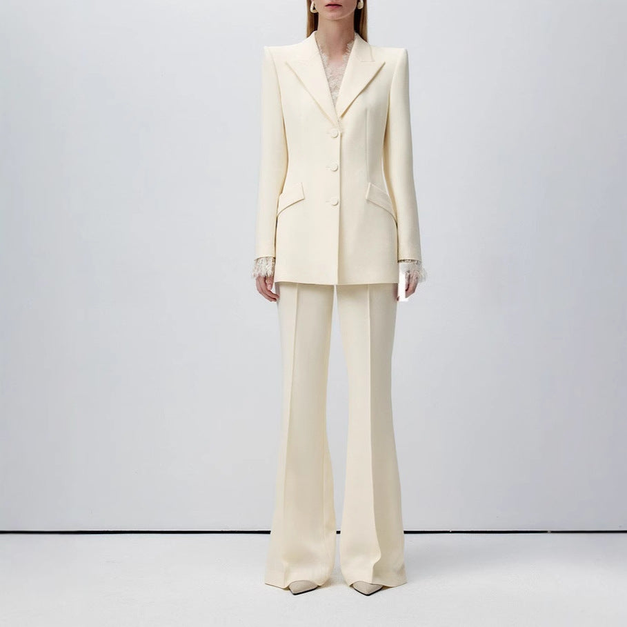Anti-wrinkle twill eyelash lace waist apricot high and thin suit flared pants