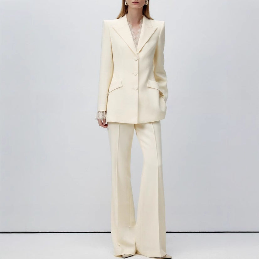 Anti-wrinkle twill eyelash lace waist apricot high and thin suit flared pants