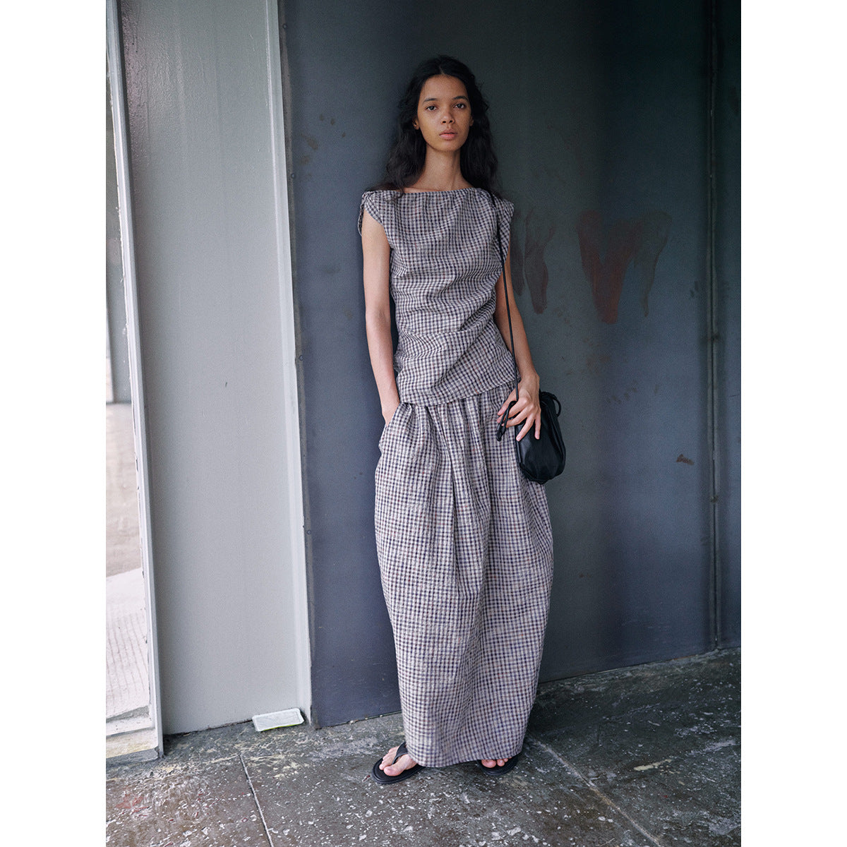 Bubble checked sloping shoulder asymmetrical top