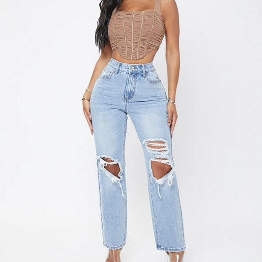 High-Waist Distressed Straight Leg Jeans