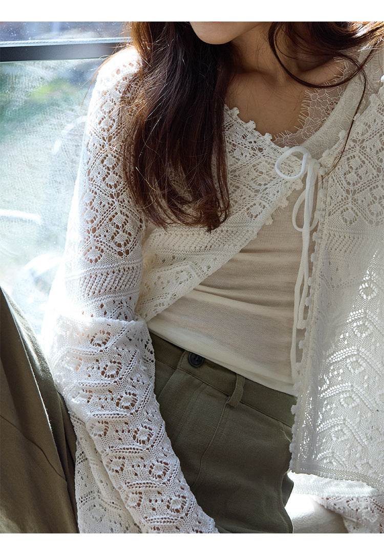 French gentle atmosphere lazy lace hollow knitted sweater summer new top