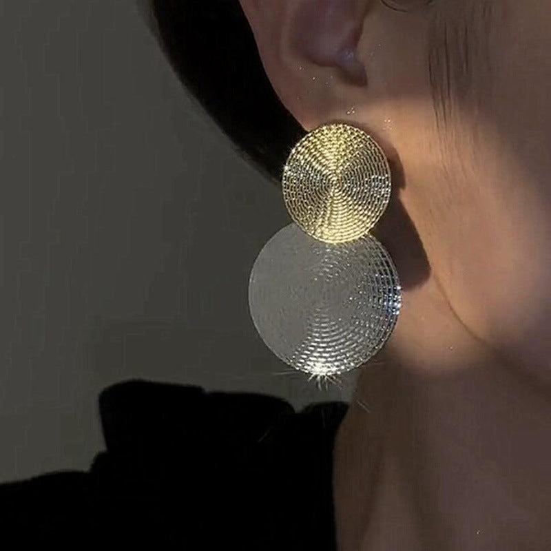 925 silver needle light luxury exaggerated earrings temperament round sequin large circle two-color fashion high-end earrings