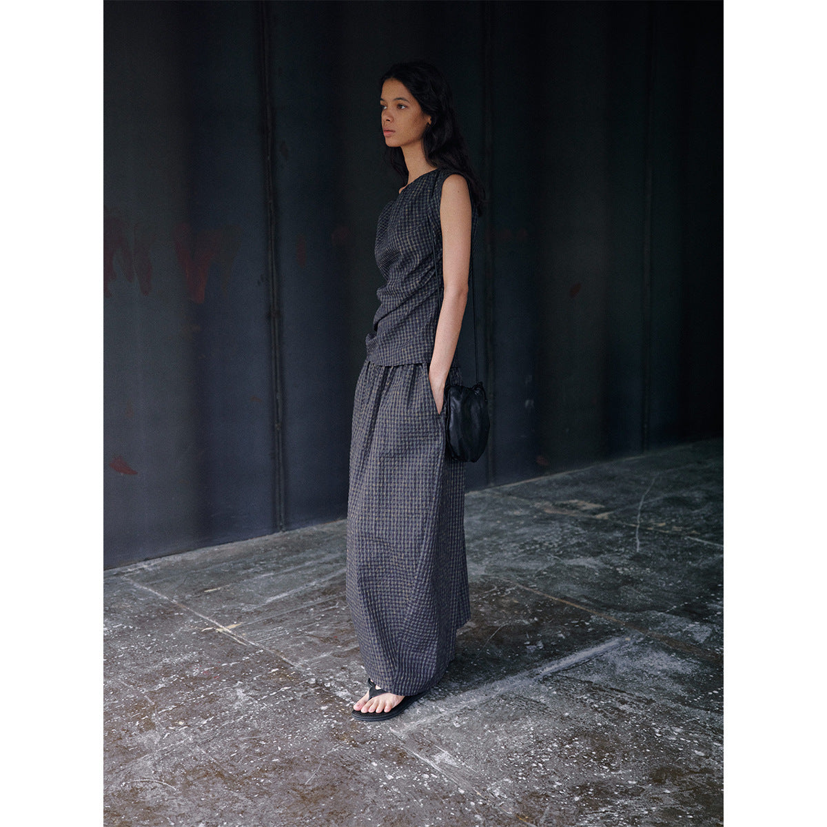 Bubble checked sloping shoulder asymmetrical top