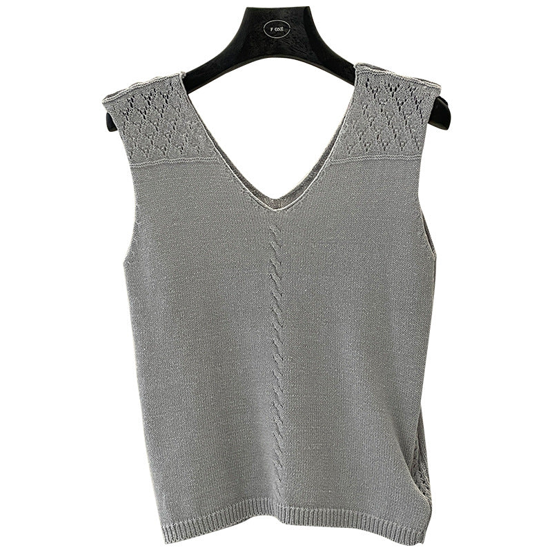 Loose cotton and linen vest, V-neck cut-out versatile sleeveless knitted top for summer wear