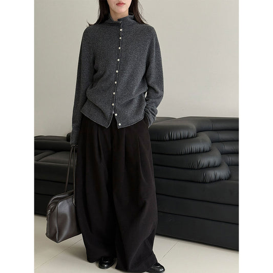 100 wool rolled hem single breasted knitting shirt women's winter half turtleneck sweatercardigan bottomtops