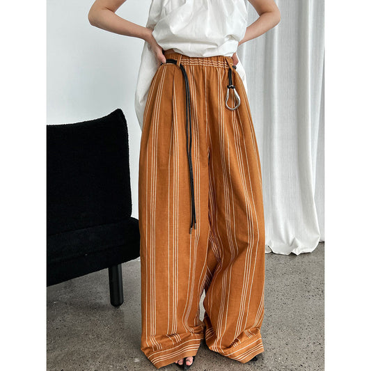 Cotton and linen old money wind striped elastic waist casual pants women's new summer models with belts lazy wide legs