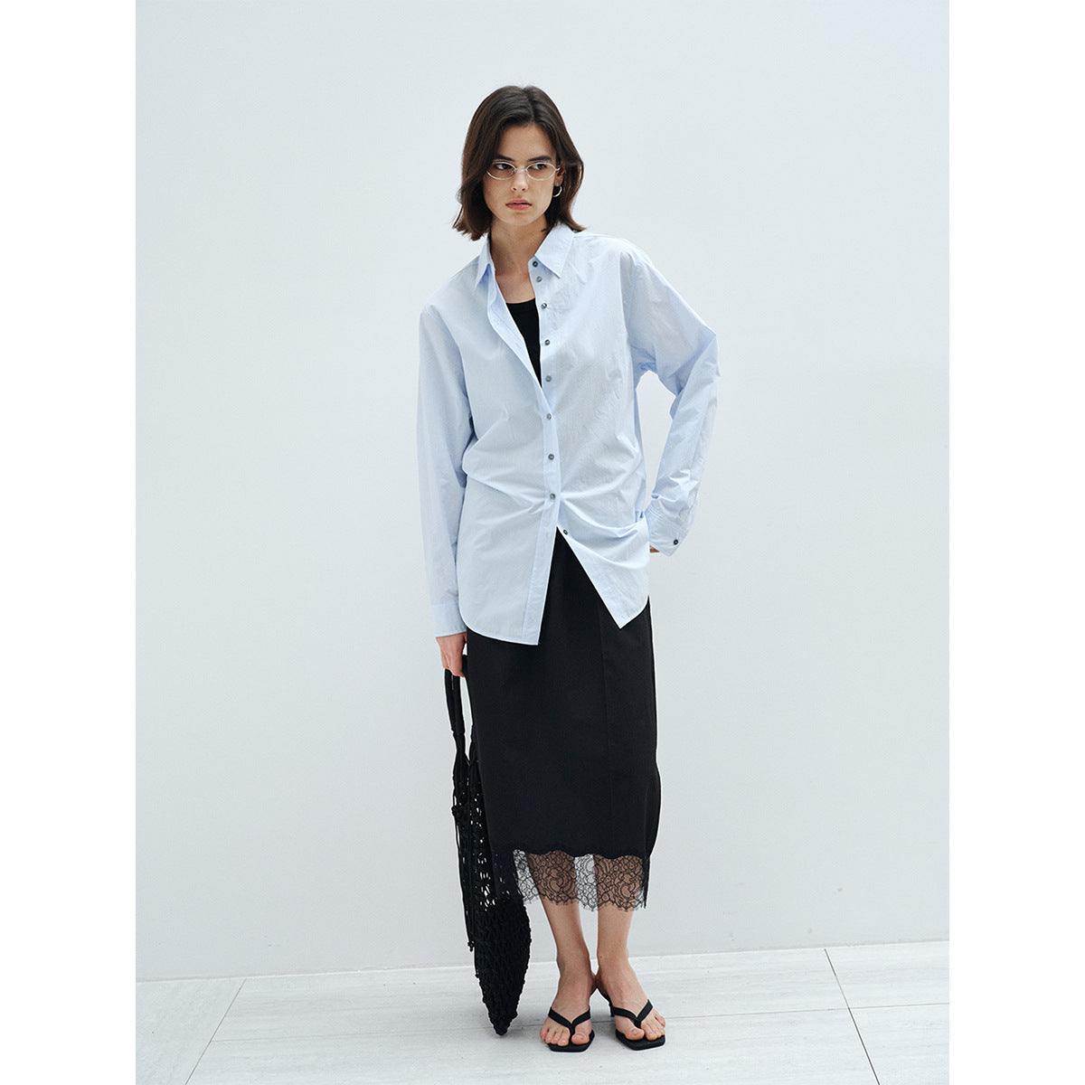 Spring new high-count and high-density pure cotton waist versatile and thin and light skinny shirt