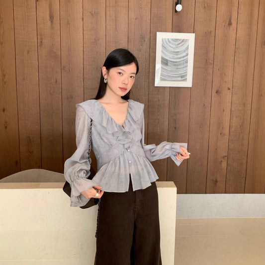 Autumn French age-reducing waist design long-sleeved v-neck ruffle edge shirt