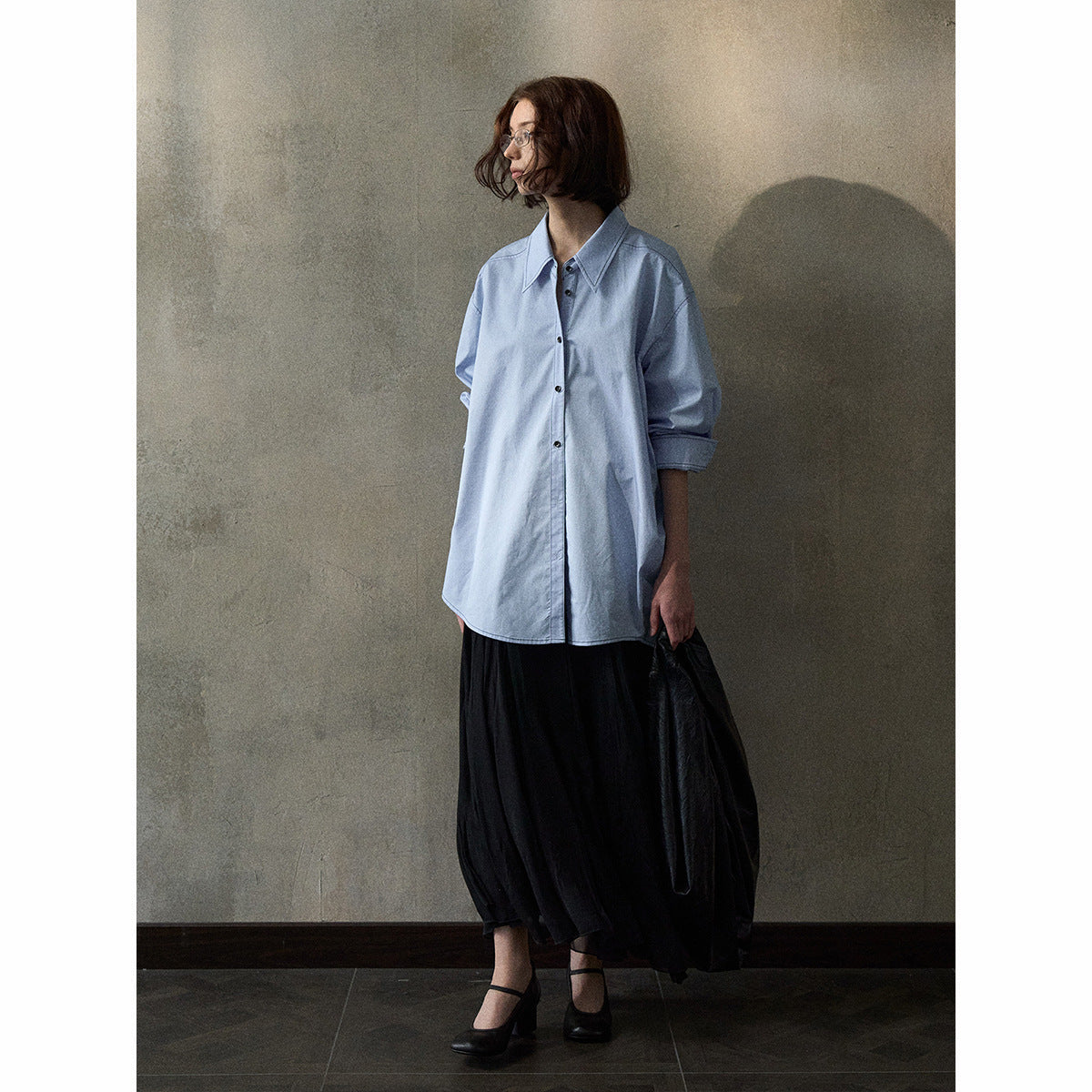 Contrasting color line asymmetrical shirt spring cotton long commuter casual top