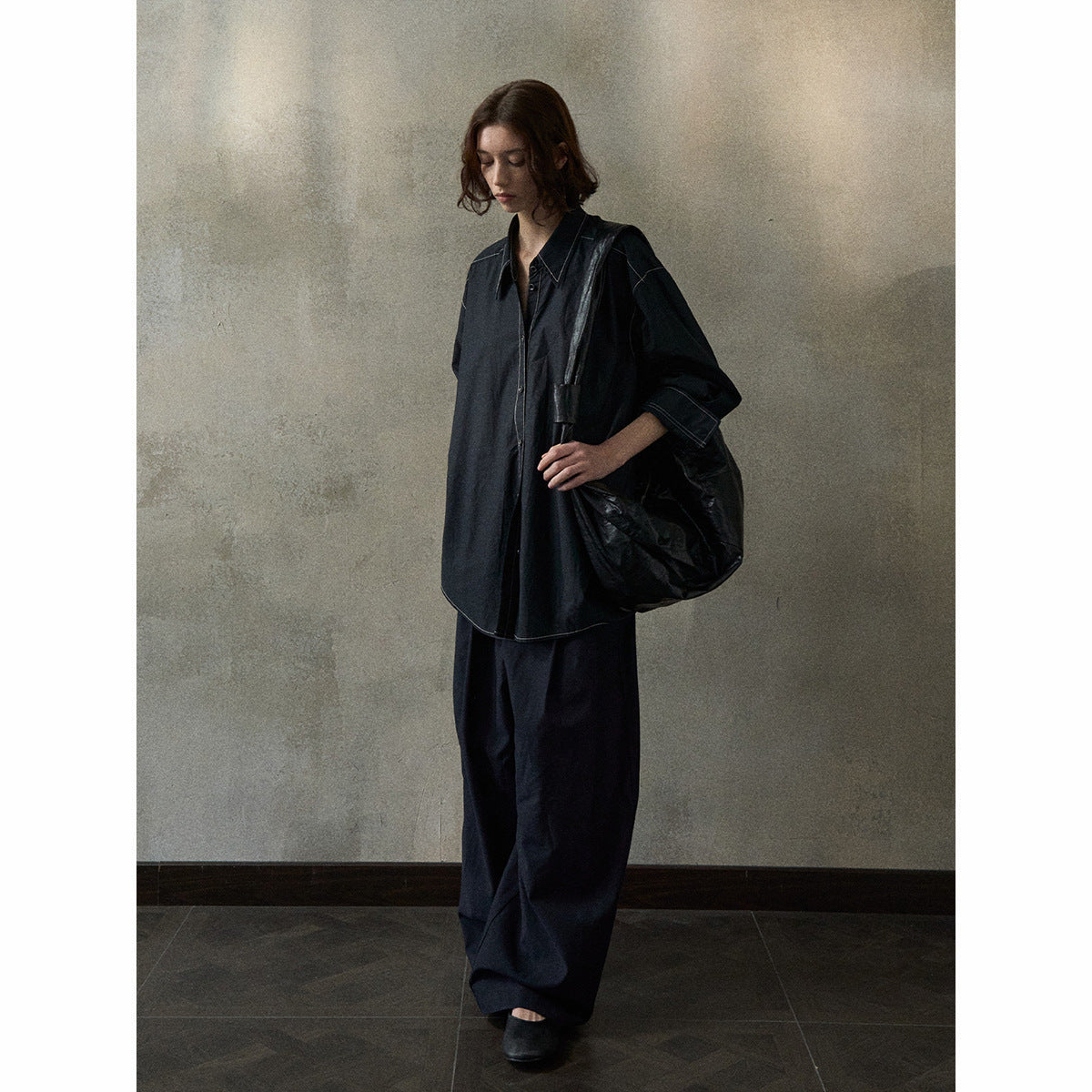 Contrasting color line asymmetrical shirt spring cotton long commuter casual top