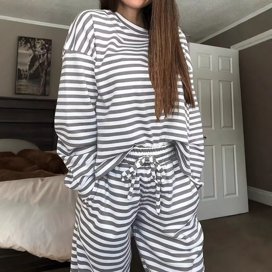 Striped Casual Two-Piece Set Long Sleeve Top and High Waist Pants