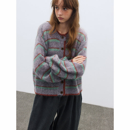 Autumn casual crew neck mohair colorful striped versatile silhouette wool cardigan