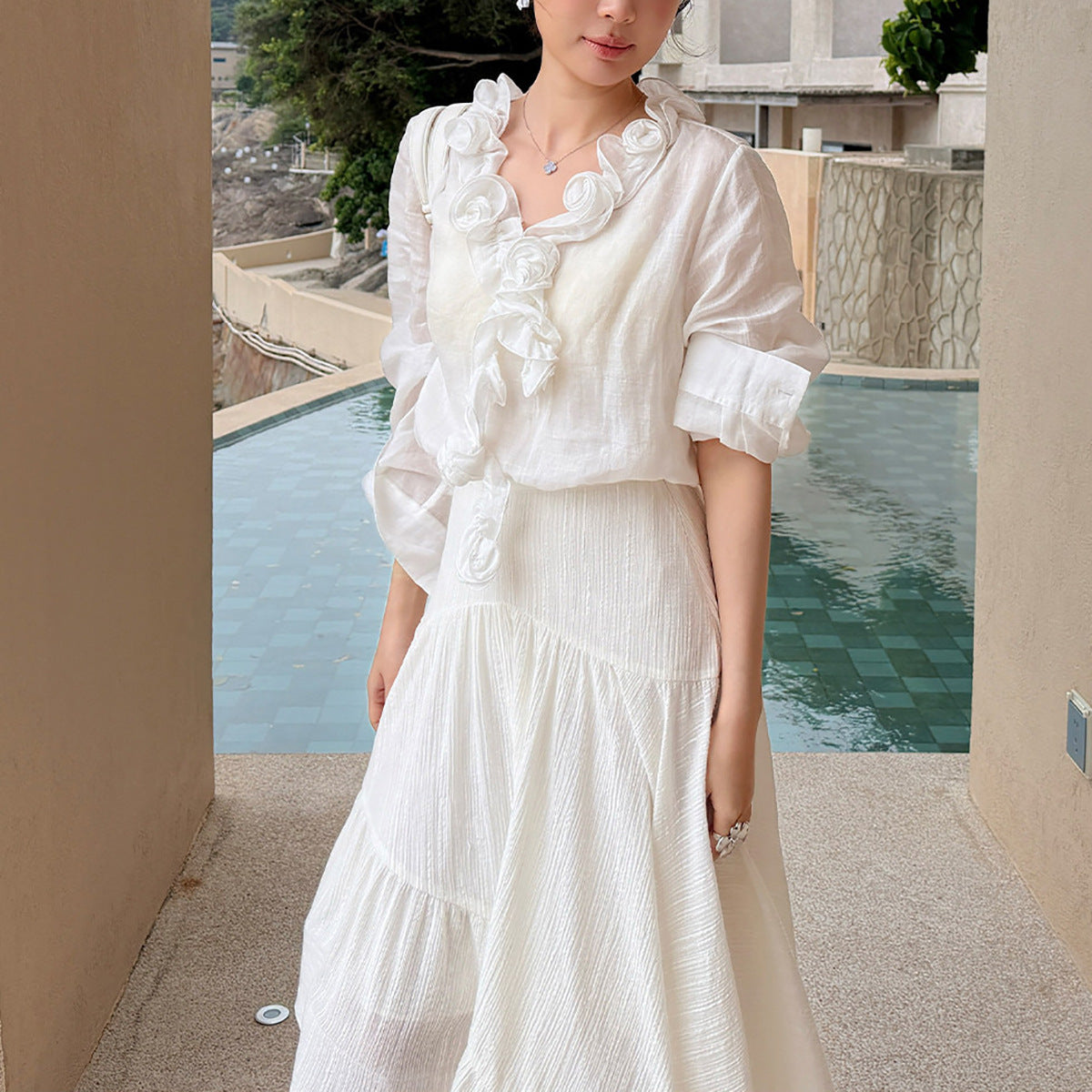 Ramie handmade disc V-neck spring and summer vacation temperament shirt