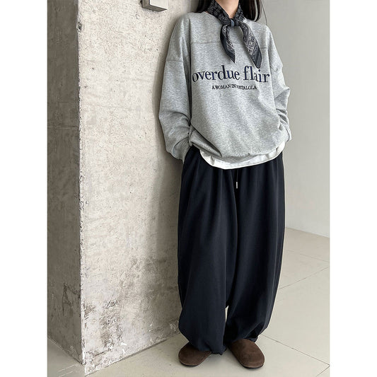 American sports high waist wide legs casual pleated design sweatpants women's autumn new drawstring drape trousers