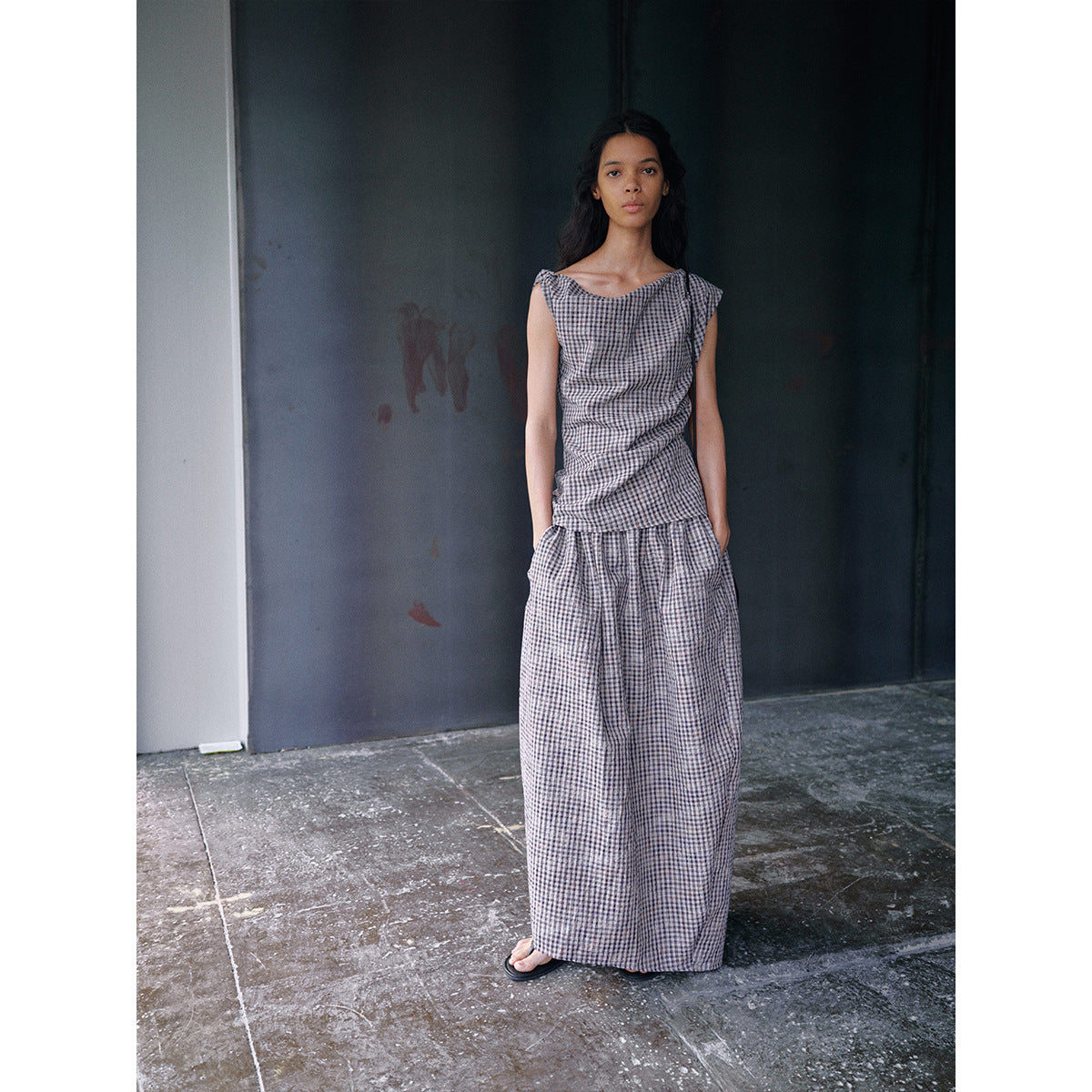 Bubble checked sloping shoulder asymmetrical top