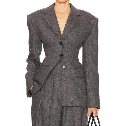 Wool Blazer with Waist Detail Slim Fit Suit Collar Jacket