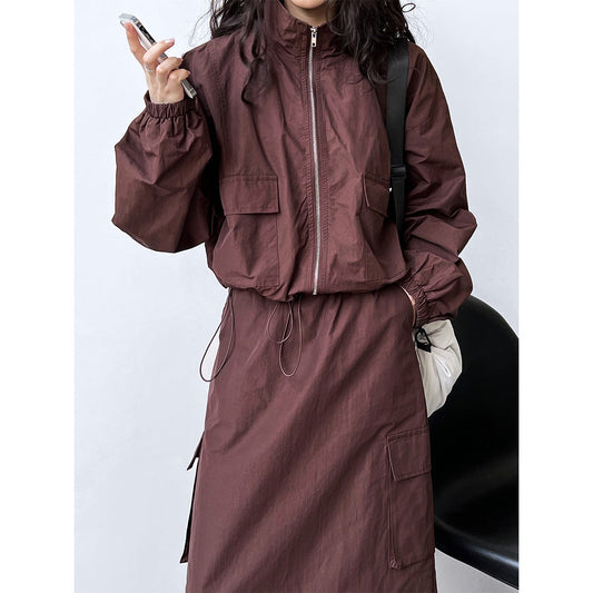 American short jacket + drawstring skirt two-piece outdoor sports tooling suit women