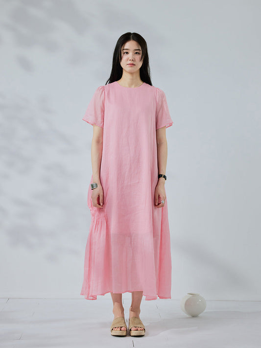 100% Linen Crew Neck Loose Short Sleeve Side Striped Holiday Style Dress