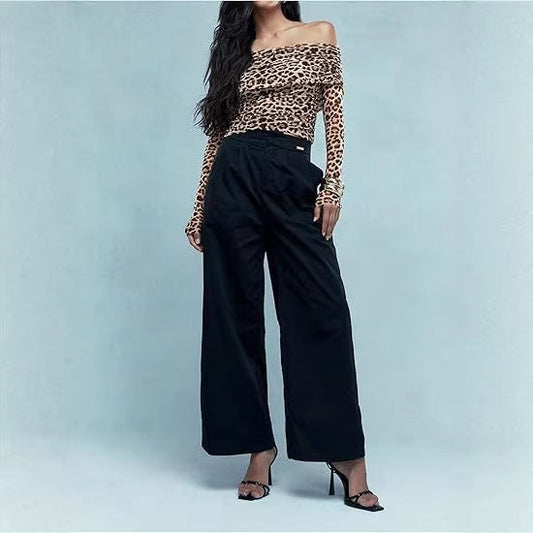Asymmetrical Neck Long Sleeve Top Women Slim Fit Leopard Print Blouse