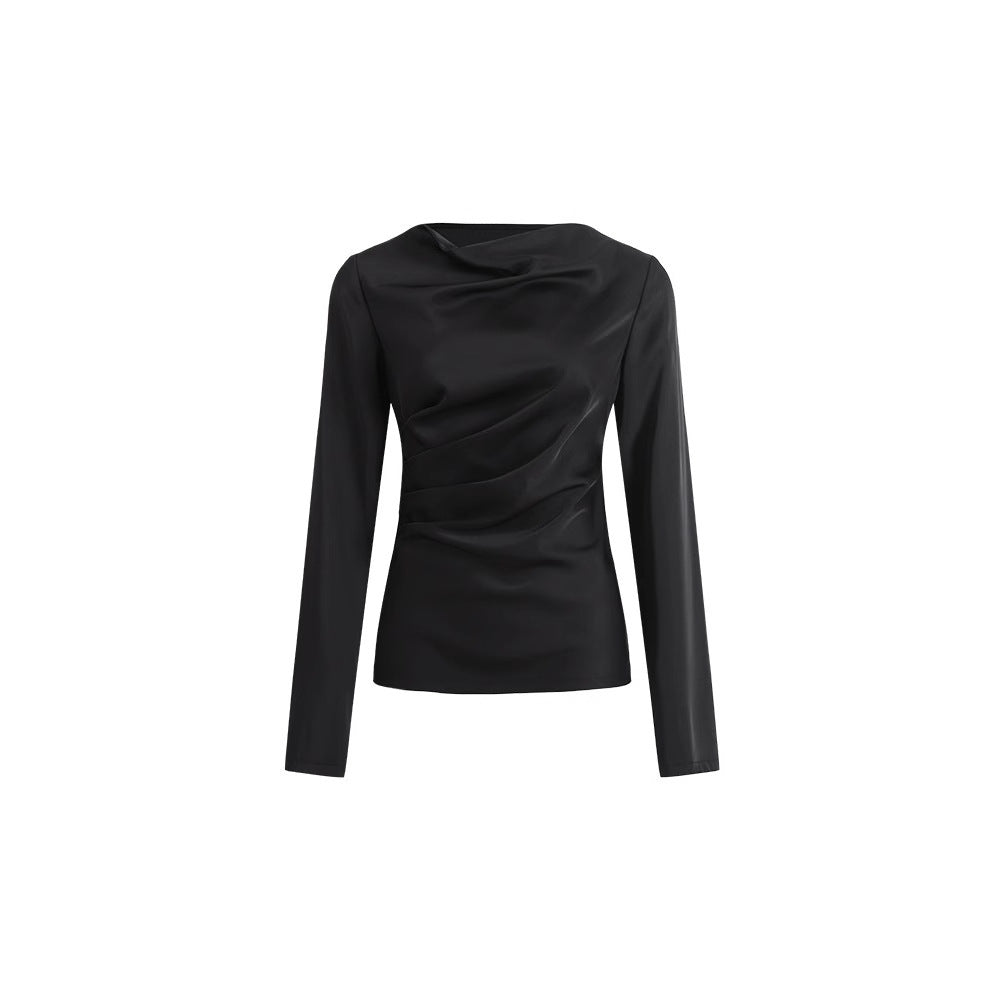 French Haute Satin Swinging Neck T-Shirt Women's Design Pinch Pleated Waist Skinny Long Sleeve Top