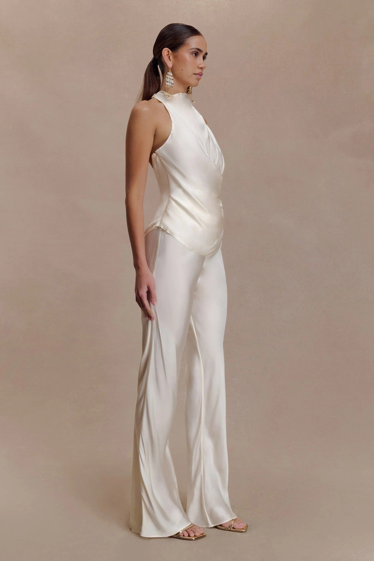 Sexy sleeveless color satin shirt slim fit backless hottie turtleneck top
