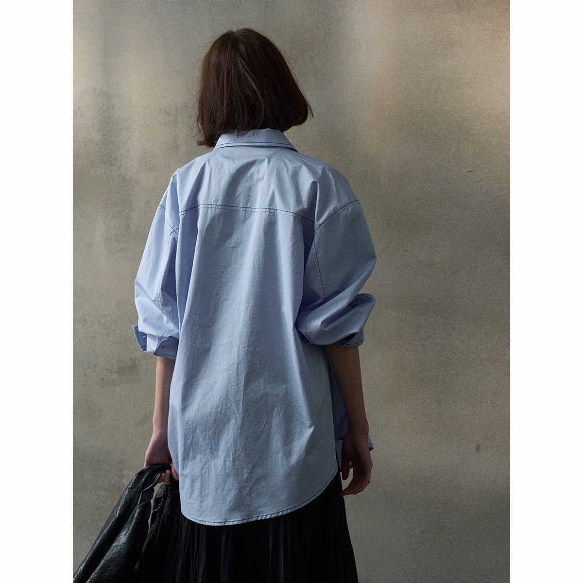 Contrasting color line asymmetrical shirt spring cotton long commuter casual top