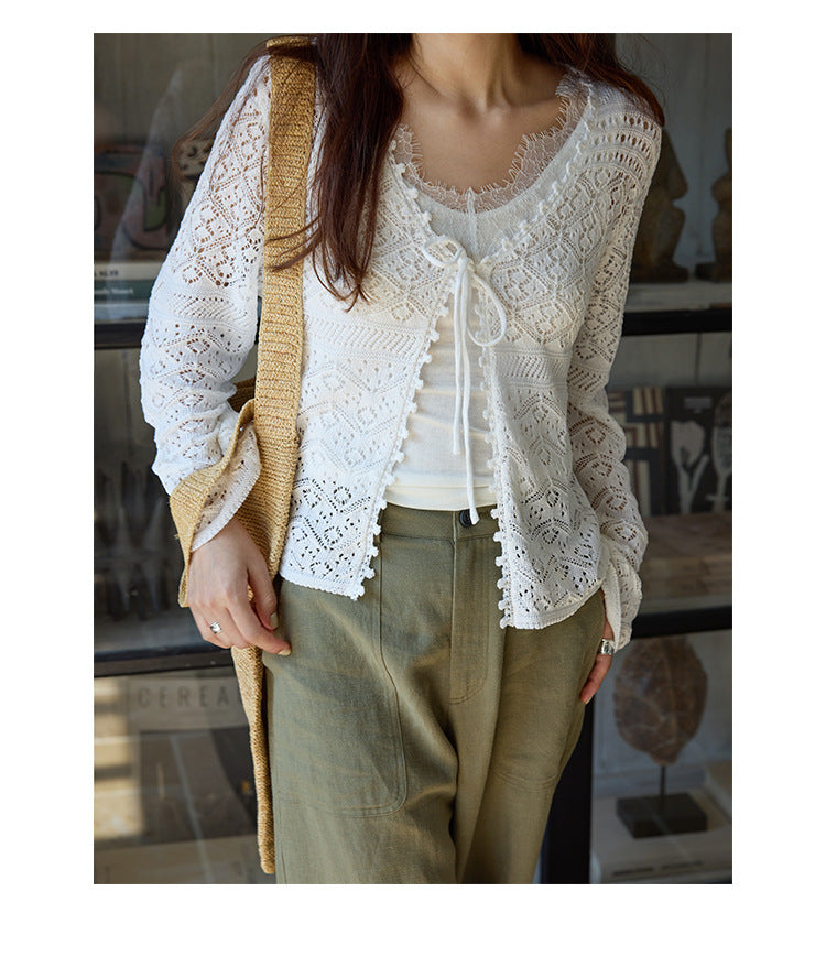 French gentle atmosphere lazy lace hollow knitted sweater summer new top