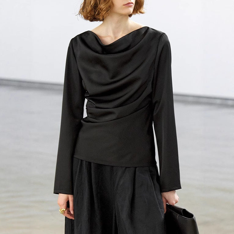 French Haute Satin Swinging Neck T-Shirt Women's Design Pinch Pleated Waist Skinny Long Sleeve Top