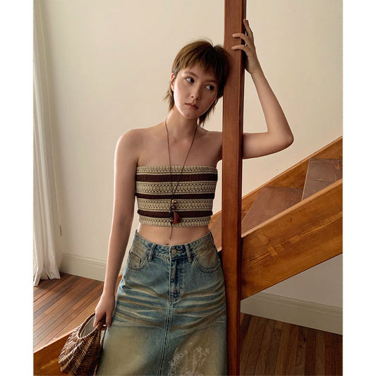 Design sense fashionable retro knitted sling tube top women's summer temperament small vest