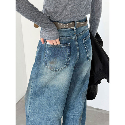 American retro wide-leg washed old jeans with rivet belt