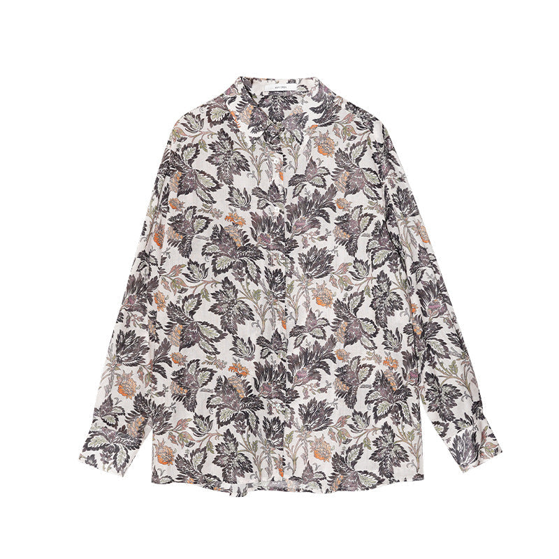 Spring French retro elegant temperament full print lapel long-sleeved shirt