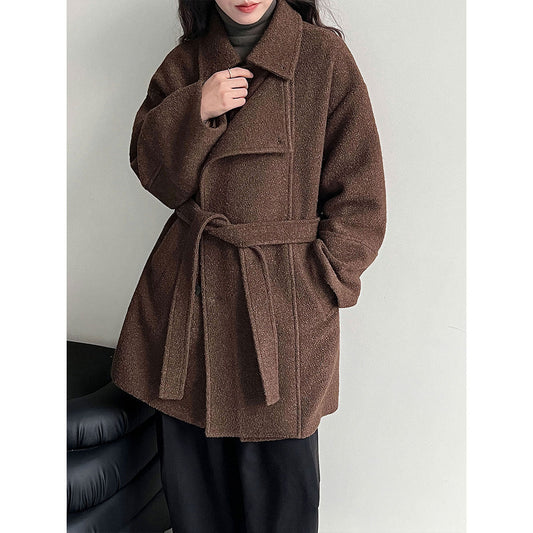 Wool double-layer wide placket silhouette windproof heattech woolen coat women's winter new belt outwear