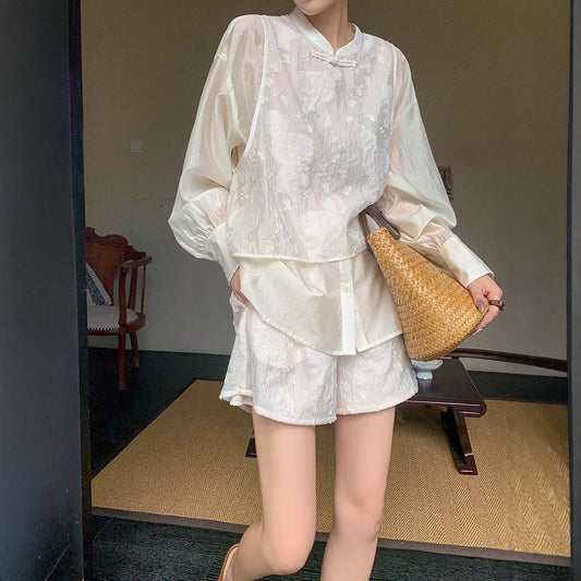 Two-piece suit women's long-sleeved fake two-piece top short pants