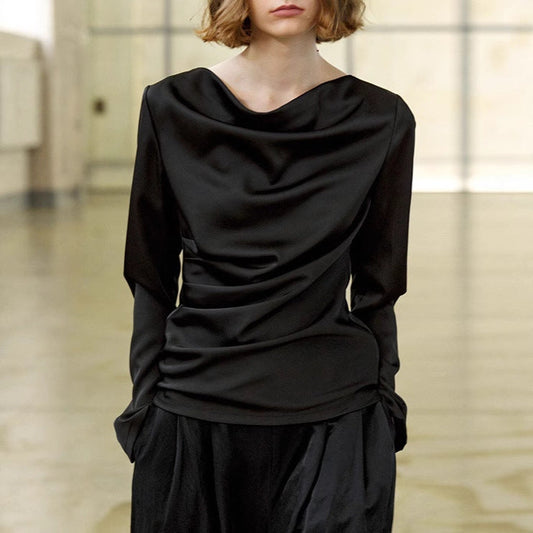 French Haute Satin Swinging Neck T-Shirt Women's Design Pinch Pleated Waist Skinny Long Sleeve Top